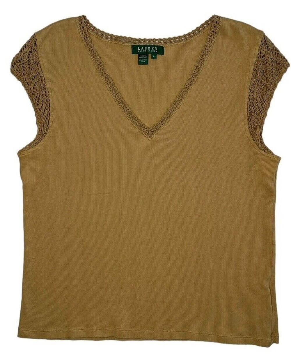 Ralph Lauren LRL Brown Tan Crochet Cap Sleeveless Ruffle Top Shirt V Neck Tank